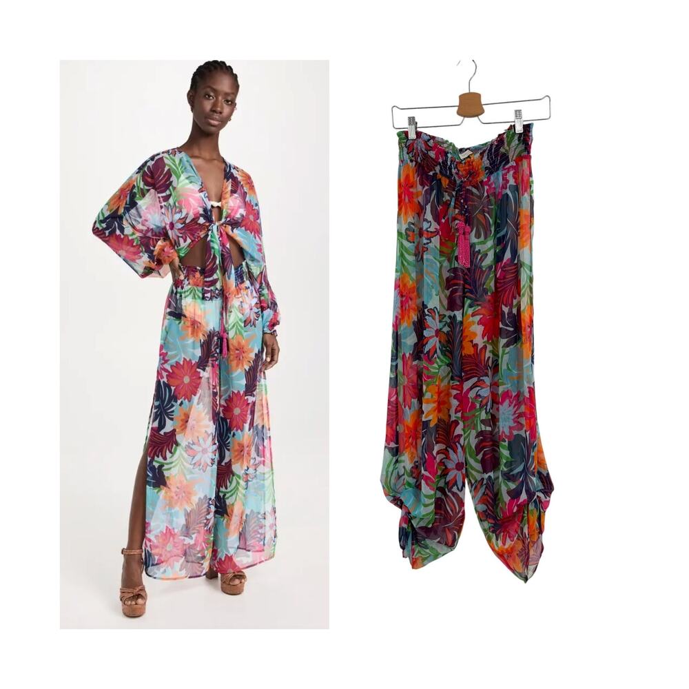 Ramy Brook Lancaster Floral Wide Leg Slit Pants Tassel Tie Size Medium